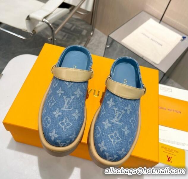 Best Price Louis Vuitton Aspen Platform Clog Platform Mules in Light Blue Monogram Denim 127027