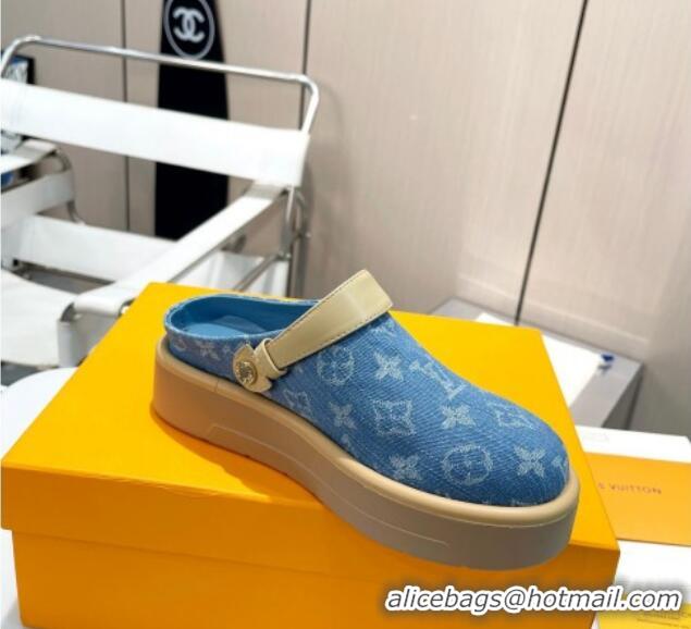 Best Price Louis Vuitton Aspen Platform Clog Platform Mules in Light Blue Monogram Denim 127027