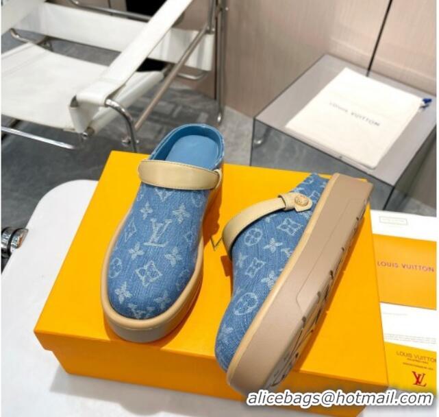 Best Price Louis Vuitton Aspen Platform Clog Platform Mules in Light Blue Monogram Denim 127027