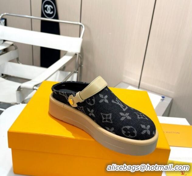 Stylish Louis Vuitton Aspen Platform Clog Platform Mules in Black Monogram Denim 127028