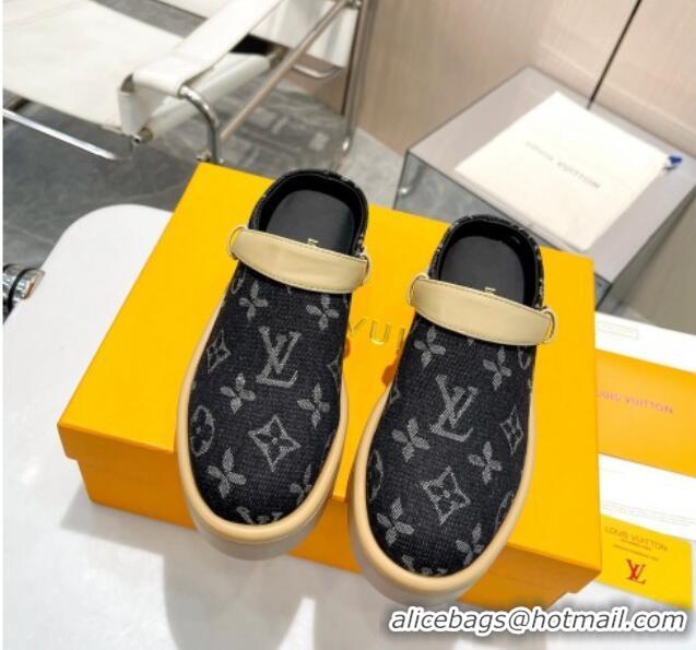 Stylish Louis Vuitton Aspen Platform Clog Platform Mules in Black Monogram Denim 127028