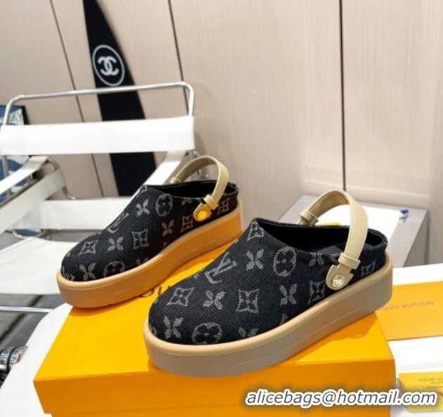 Stylish Louis Vuitton Aspen Platform Clog Platform Mules in Black Monogram Denim 127028