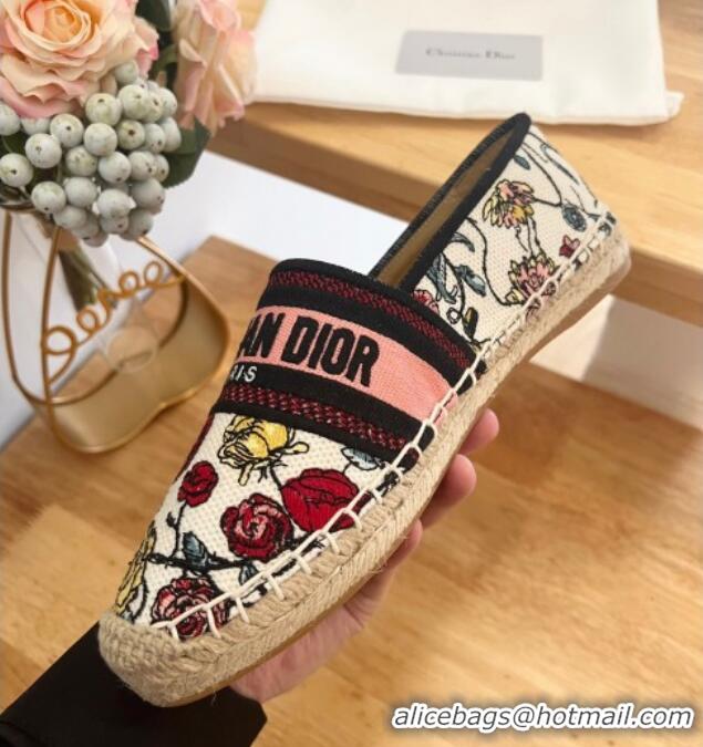 Best Grade Dior Flat Espadrilles in White and Pink Florilegio Embroidery 125086