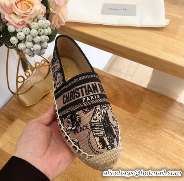 Perfect Dior Flat Espadrilles in Beige and Black Cotton Embroidered with Plan de Paris Motif 125087