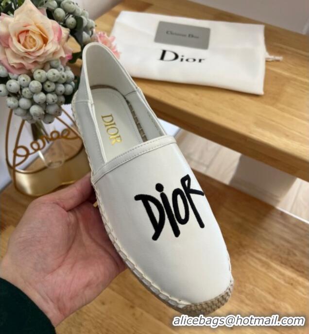 Durable Dior Flat Espadrilles in Embroidered Calfskin White 0125091