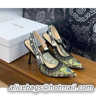 Low Price Dior J'Adior Slingback Pumps 9.5cm in Transparent Mesh Embroidered with Green Multicolor Butterfly Motif 12511