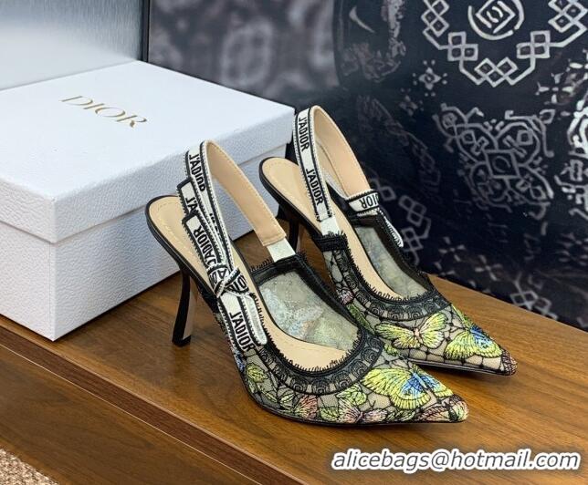 Low Price Dior J'Adior Slingback Pumps 9.5cm in Transparent Mesh Embroidered with Green Multicolor Butterfly Motif 12511