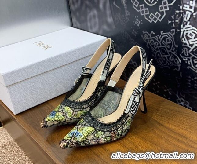 Low Price Dior J'Adior Slingback Pumps 9.5cm in Transparent Mesh Embroidered with Green Multicolor Butterfly Motif 12511