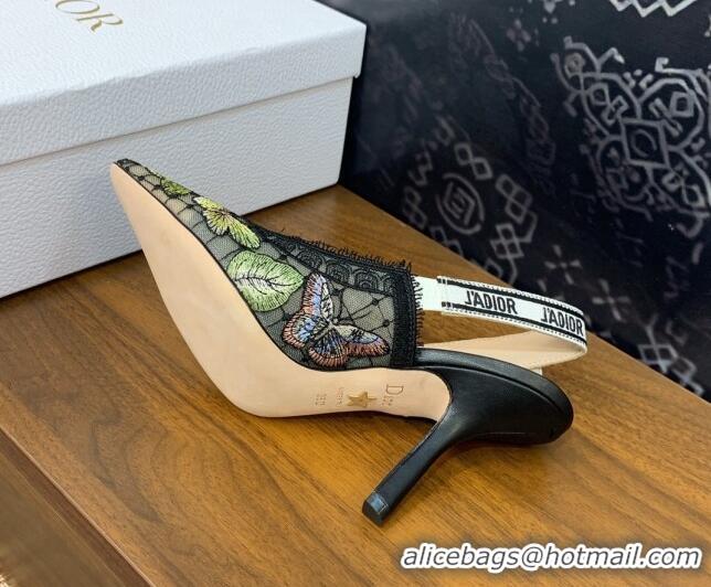 Low Price Dior J'Adior Slingback Pumps 9.5cm in Transparent Mesh Embroidered with Green Multicolor Butterfly Motif 12511