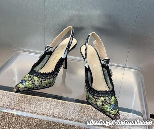 Low Price Dior J'Adior Slingback Pumps 9.5cm in Transparent Mesh Embroidered with Green Multicolor Butterfly Motif 12511