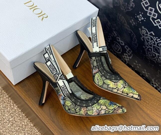 Low Price Dior J'Adior Slingback Pumps 9.5cm in Transparent Mesh Embroidered with Green Multicolor Butterfly Motif 12511