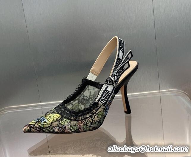 Low Price Dior J'Adior Slingback Pumps 9.5cm in Transparent Mesh Embroidered with Green Multicolor Butterfly Motif 12511