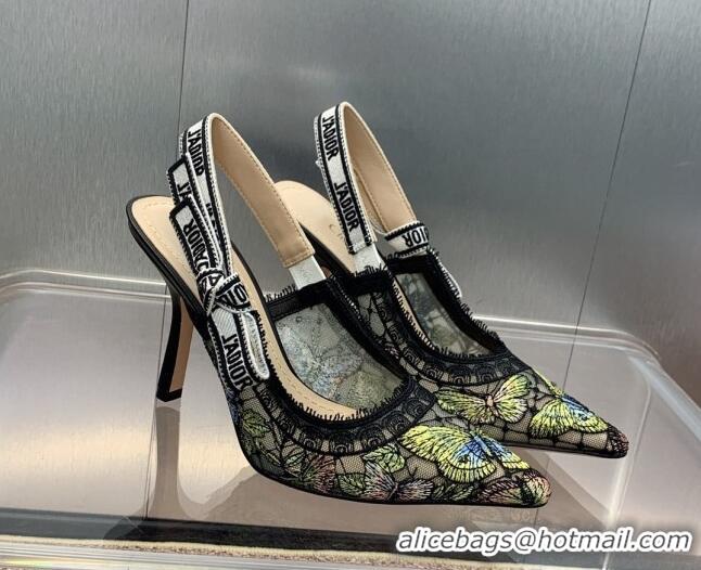 Low Price Dior J'Adior Slingback Pumps 9.5cm in Transparent Mesh Embroidered with Green Multicolor Butterfly Motif 12511