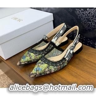 Good Quality Dior J'Adior Slingback Ballet Flat in Transparent Mesh Embroidered with Green Multicolor Butterfly Motif 12