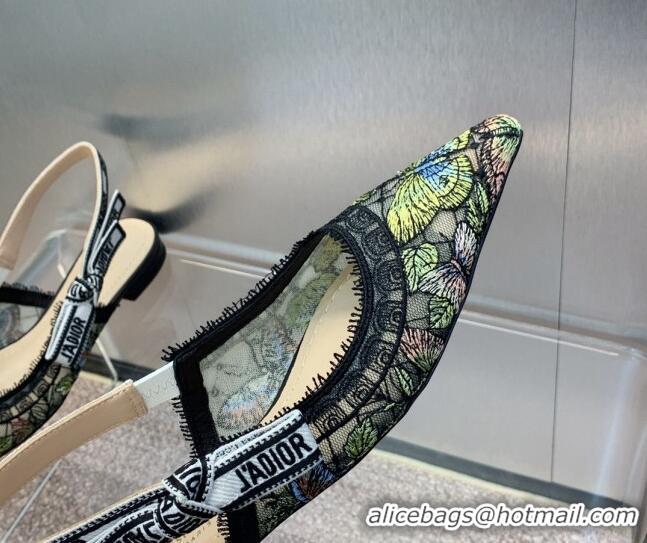 Good Quality Dior J'Adior Slingback Ballet Flat in Transparent Mesh Embroidered with Green Multicolor Butterfly Motif 12