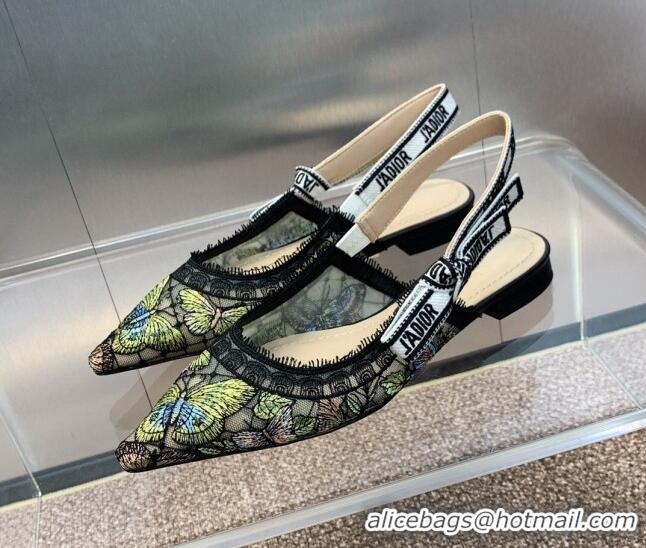 Good Quality Dior J'Adior Slingback Ballet Flat in Transparent Mesh Embroidered with Green Multicolor Butterfly Motif 12