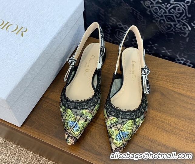 Good Quality Dior J'Adior Slingback Ballet Flat in Transparent Mesh Embroidered with Green Multicolor Butterfly Motif 12