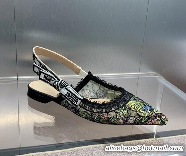 Good Quality Dior J'Adior Slingback Ballet Flat in Transparent Mesh Embroidered with Green Multicolor Butterfly Motif 12