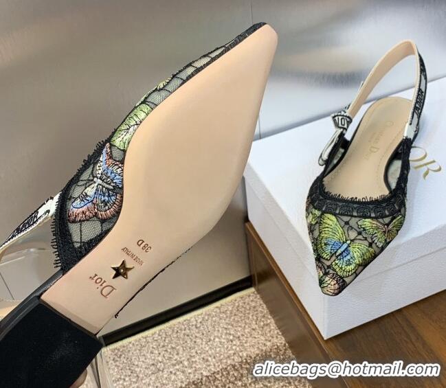 Good Quality Dior J'Adior Slingback Ballet Flat in Transparent Mesh Embroidered with Green Multicolor Butterfly Motif 12