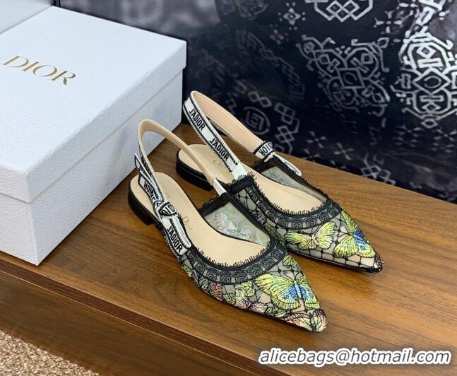 Good Quality Dior J'Adior Slingback Ballet Flat in Transparent Mesh Embroidered with Green Multicolor Butterfly Motif 12