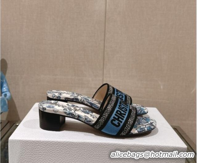 Best Price Dior Dway Heel Slide Sandals 3.5cm in Pastel Midnight Blue Multicolor Embroidered Cotton with Toile de Jouy M