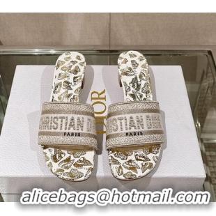 Purchase Dior Dway Heel Slide Sandals 3.5cm White and Gold-Tone Butterfly Zodiac Embroidery 126002