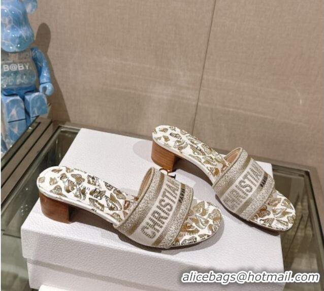 Purchase Dior Dway Heel Slide Sandals 3.5cm White and Gold-Tone Butterfly Zodiac Embroidery 126002