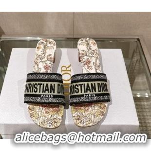 Popular Style Dior Dway Heel Slide Sandals 3.5cm in Gold-Tone Embroidered Cotton with Toile de Jouy Mexico Motif 126005