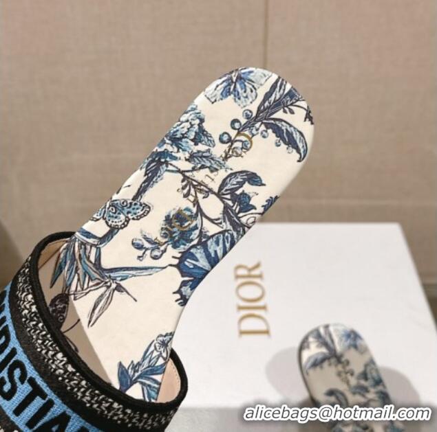 Good Quality Dior Dway Flat Slide Sandals in Pastel Midnight Blue Multicolor Embroidered Cotton with Toile de Jouy Mexic