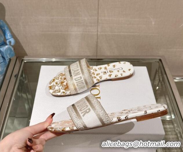 Stylish Dior Dway Flat Slide Sandals in White and Gold-Tone Butterfly Zodiac Embroidery 126009