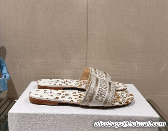 Stylish Dior Dway Flat Slide Sandals in White and Gold-Tone Butterfly Zodiac Embroidery 126009