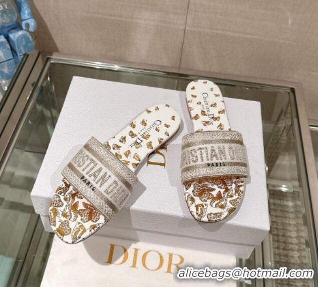 Stylish Dior Dway Flat Slide Sandals in White and Gold-Tone Butterfly Zodiac Embroidery 126009