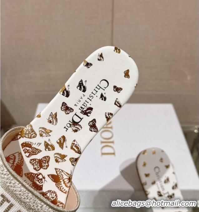 Stylish Dior Dway Flat Slide Sandals in White and Gold-Tone Butterfly Zodiac Embroidery 126009