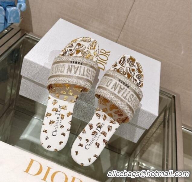 Stylish Dior Dway Flat Slide Sandals in White and Gold-Tone Butterfly Zodiac Embroidery 126009