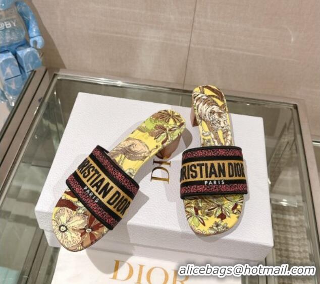 Purchase Dior Dway Flat Slide Sandals in Yellow Multicolor Embroidered Cotton with Toile de Jouy Voyage Motif 126010