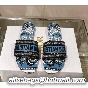 Grade Quality Dior Dway Flat Slide Sandals in Denim Blue Multicolor Embroidered Cotton with Butterfly Bandana Motif 1260