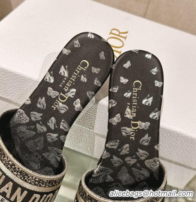 Perfect Dior Dway Flat Slide Sandals in Black and Gold-Tone Butterfly Zodiac Embroidery 126013