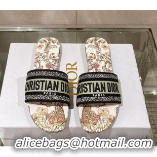 Pretty Style Dior Dway Flat Slide Sandals in Gold-Tone Embroidered Cotton with Toile de Jouy Mexico Motif 126014