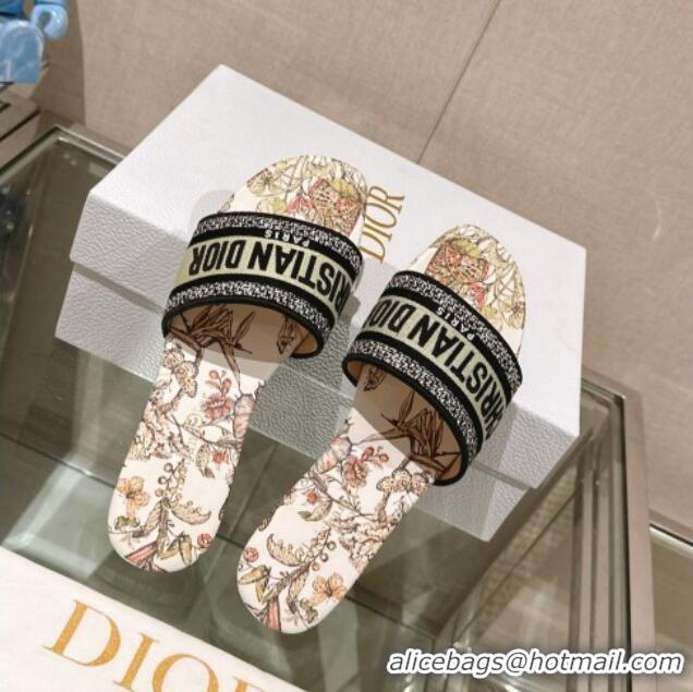 Pretty Style Dior Dway Flat Slide Sandals in Gold-Tone Embroidered Cotton with Toile de Jouy Mexico Motif 126014