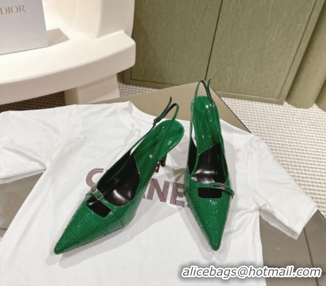 Top Design Dior Slingback Pumps 8.5cm in Cannage Patent Leather with Mini Buckle Green 126025