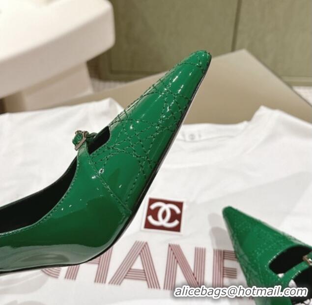 Top Design Dior Slingback Pumps 8.5cm in Cannage Patent Leather with Mini Buckle Green 126025