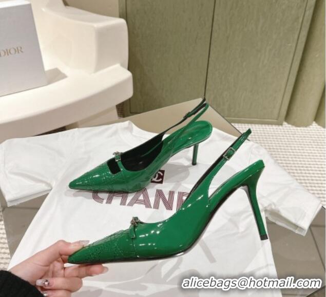 Top Design Dior Slingback Pumps 8.5cm in Cannage Patent Leather with Mini Buckle Green 126025