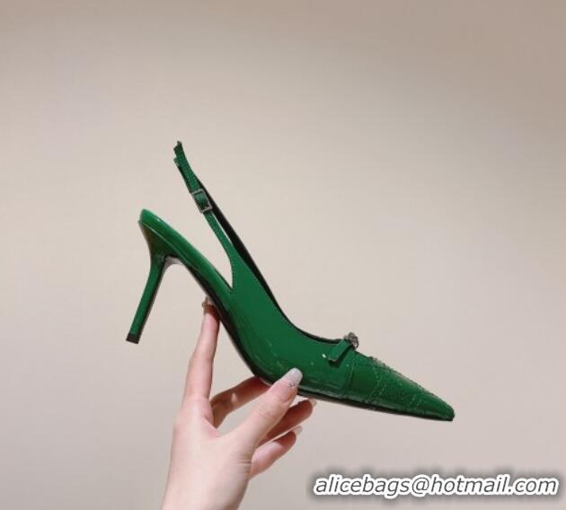 Top Design Dior Slingback Pumps 8.5cm in Cannage Patent Leather with Mini Buckle Green 126025