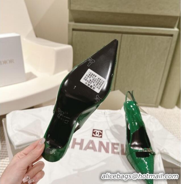 Top Design Dior Slingback Pumps 8.5cm in Cannage Patent Leather with Mini Buckle Green 126025