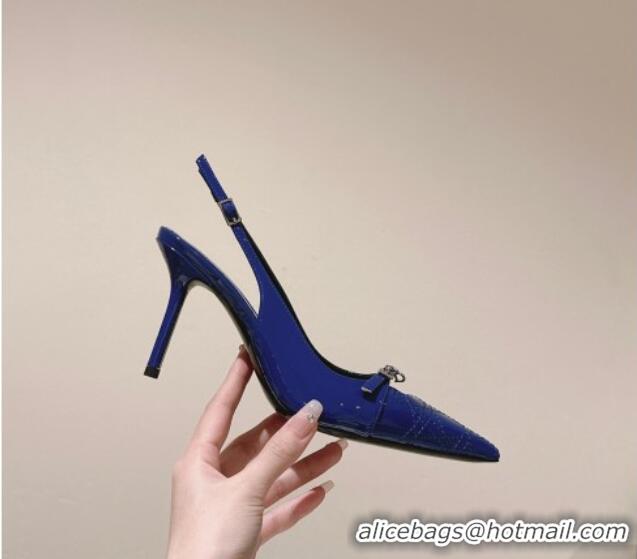 Luxurious Dior Slingback Pumps 8.5cm in Cannage Patent Leather with Mini Buckle Blue 126026