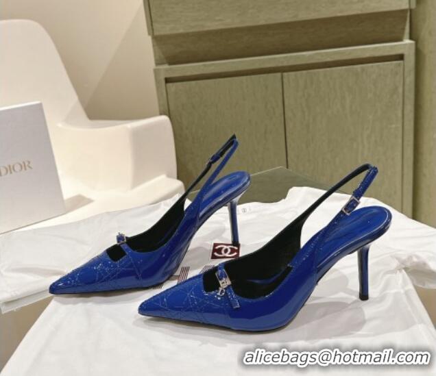 Luxurious Dior Slingback Pumps 8.5cm in Cannage Patent Leather with Mini Buckle Blue 126026