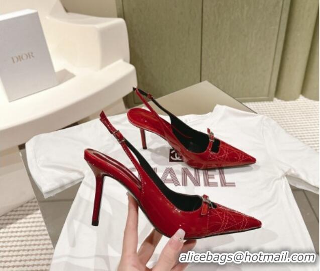 Unique Style Dior Slingback Pumps 8.5cm in Cannage Patent Leather with Mini Buckle Red 126027