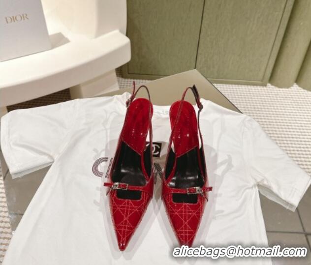 Unique Style Dior Slingback Pumps 8.5cm in Cannage Patent Leather with Mini Buckle Red 126027