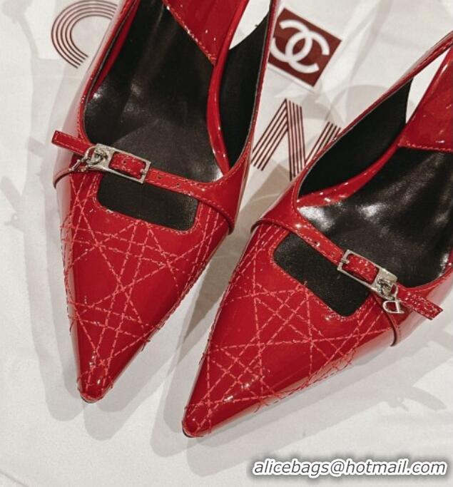 Unique Style Dior Slingback Pumps 8.5cm in Cannage Patent Leather with Mini Buckle Red 126027