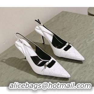 Classic Hot Dior Slingback Pumps 8.5cm in Cannage Patent Leather with Mini Buckle White 126028